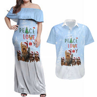Yorkshire Terrier Dog Christmas Couples Matching Off Shoulder Maxi Dress and Hawaiian Shirt with Peace Love Joy Quote and Santa Hat Puppies in Snowy Winter Scene - Wonder Print Shop