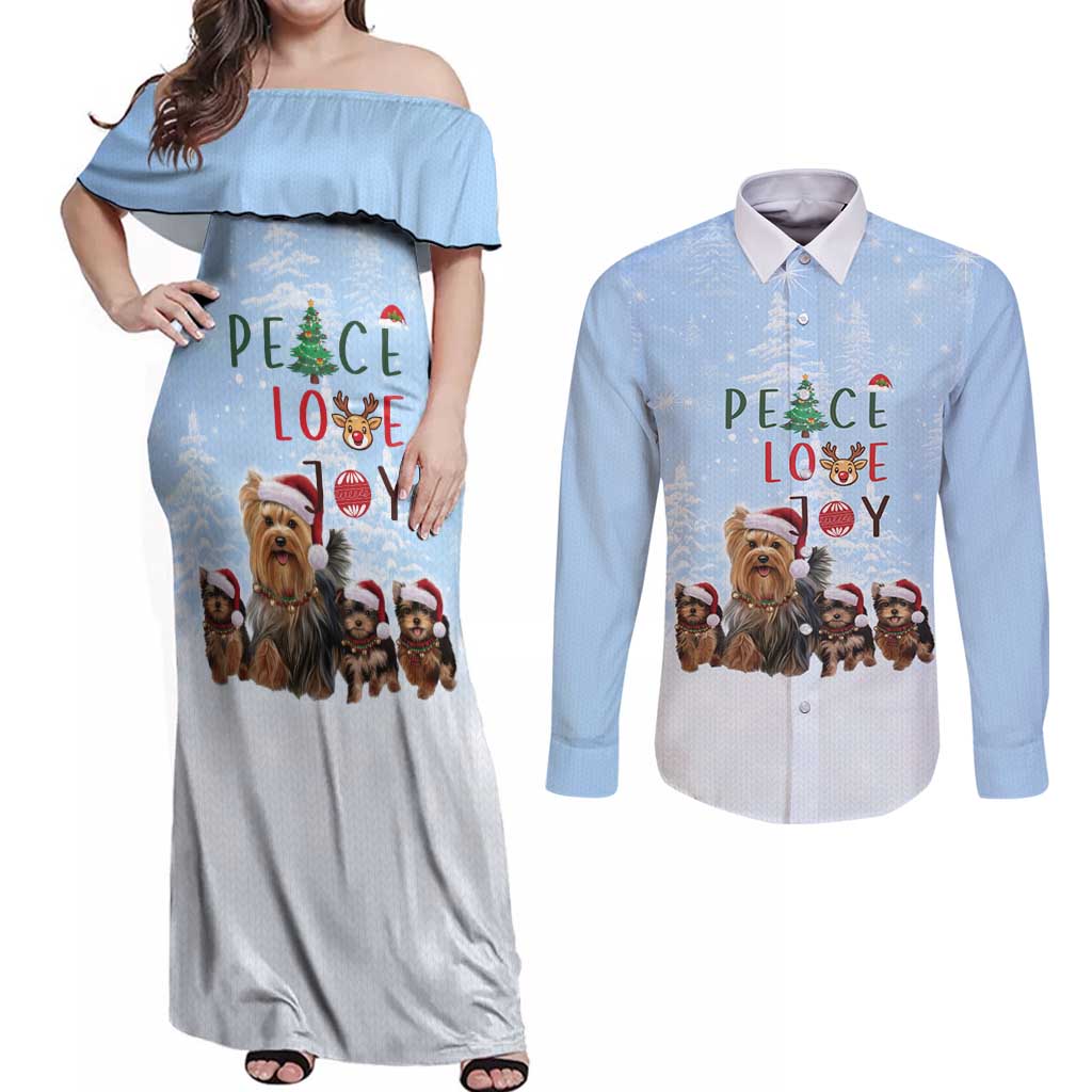 Yorkshire Terrier Dog Christmas Couples Matching Off Shoulder Maxi Dress and Long Sleeve Button Shirt with Peace Love Joy Quote and Santa Hat Puppies in Snowy Winter Scene - Wonder Print Shop