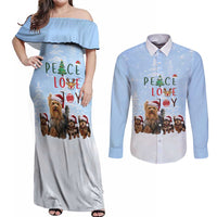 Yorkshire Terrier Dog Christmas Couples Matching Off Shoulder Maxi Dress and Long Sleeve Button Shirt with Peace Love Joy Quote and Santa Hat Puppies in Snowy Winter Scene - Wonder Print Shop