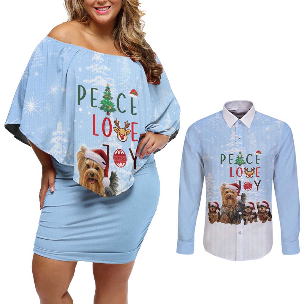 Yorkshire Terrier Dog Christmas Couples Matching Off Shoulder Short Dress and Long Sleeve Button Shirt with Peace Love Joy Quote and Santa Hat Puppies in Snowy Winter Scene - Wonder Print Shop