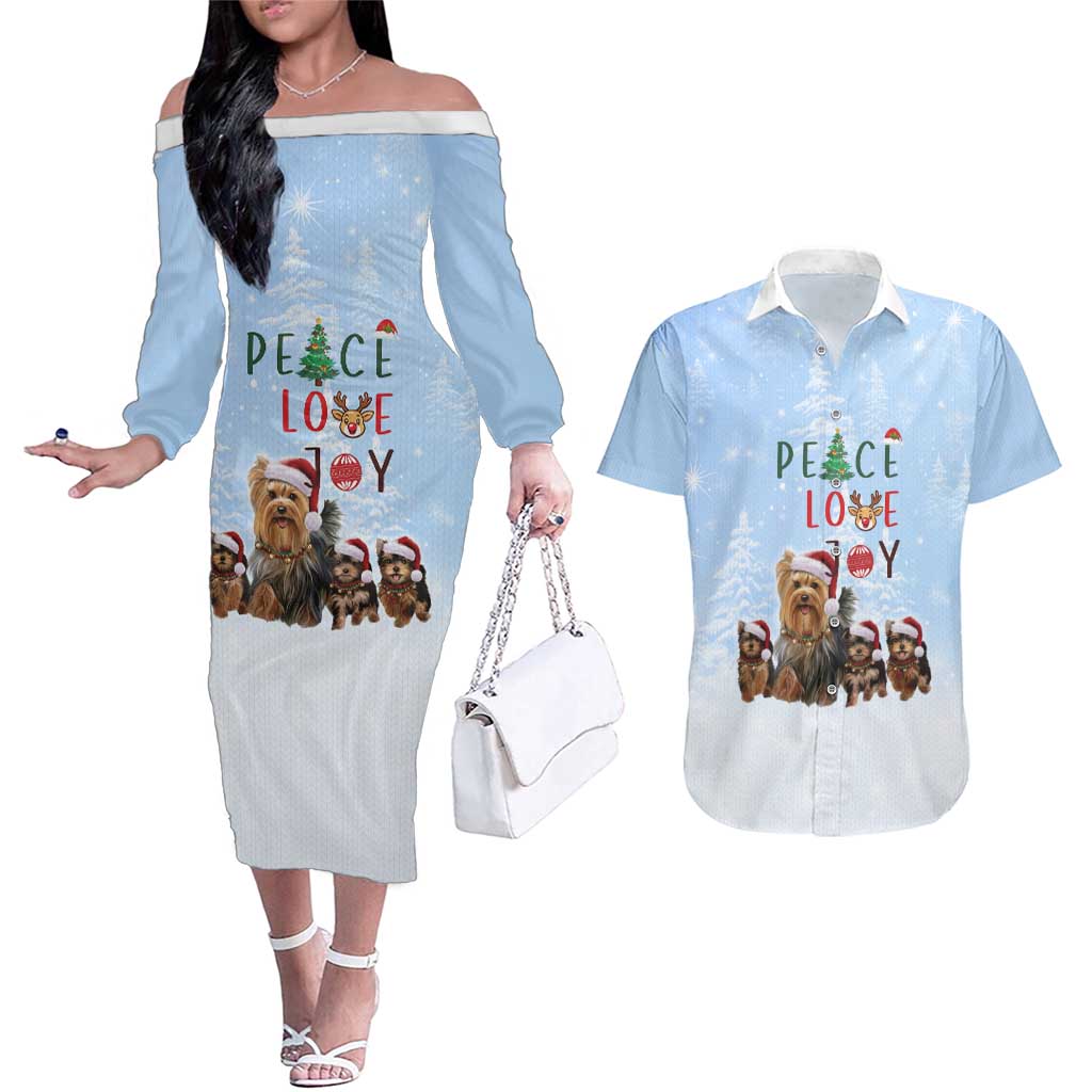 Yorkshire Terrier Dog Christmas Couples Matching Off The Shoulder Long Sleeve Dress and Hawaiian Shirt with Peace Love Joy Quote and Santa Hat Puppies in Snowy Winter Scene - Wonder Print Shop