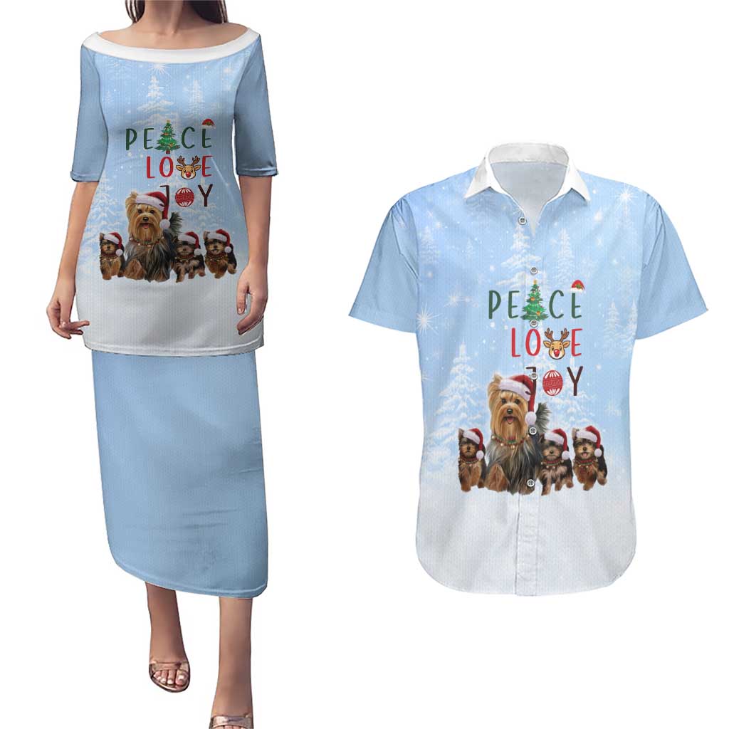 Yorkshire Terrier Dog Christmas Couples Matching Puletasi and Hawaiian Shirt with Peace Love Joy Quote and Santa Hat Puppies in Snowy Winter Scene - Wonder Print Shop
