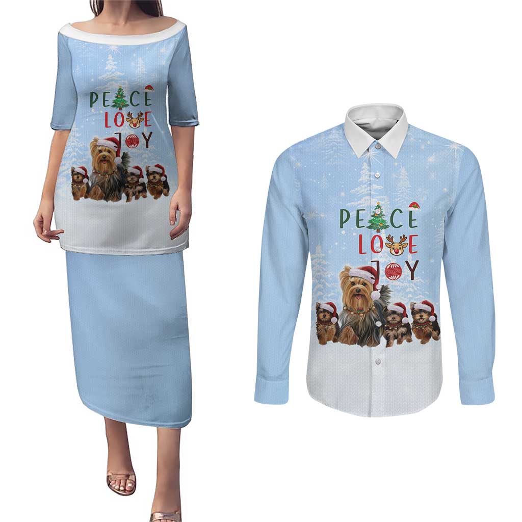 Yorkshire Terrier Dog Christmas Couples Matching Puletasi and Long Sleeve Button Shirt with Peace Love Joy Quote and Santa Hat Puppies in Snowy Winter Scene - Wonder Print Shop