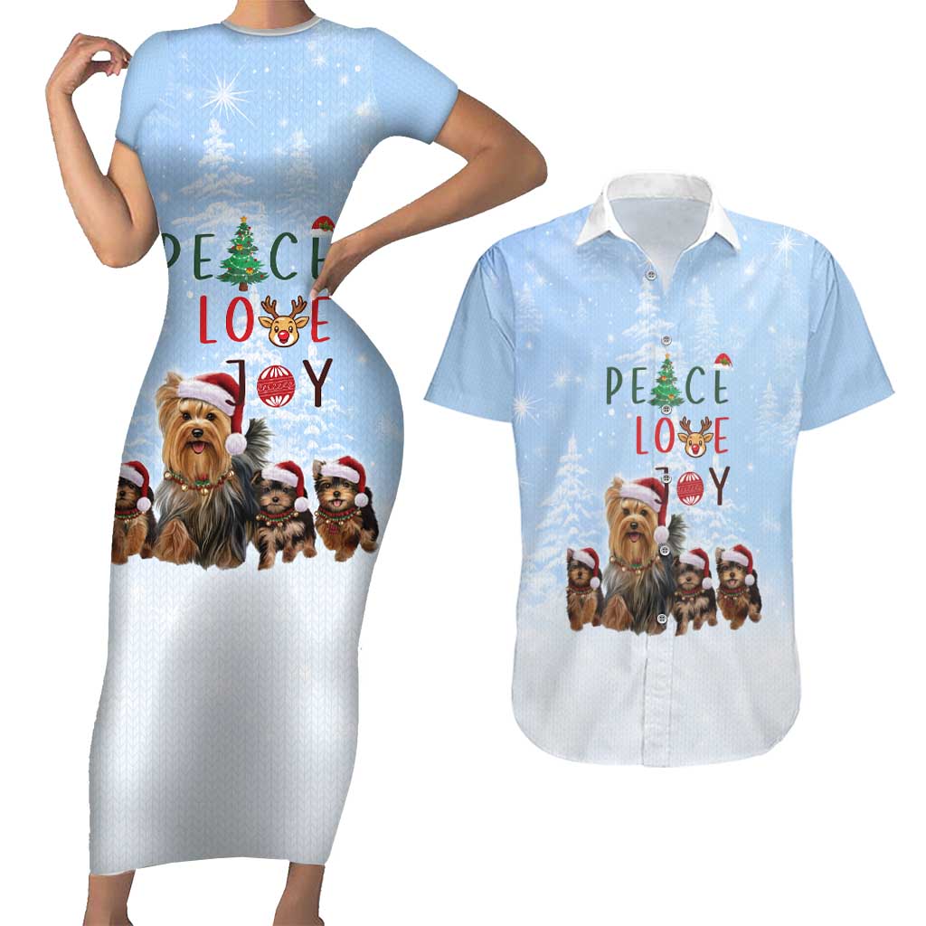 Yorkshire Terrier Dog Christmas Couples Matching Short Sleeve Bodycon Dress and Hawaiian Shirt with Peace Love Joy Quote and Santa Hat Puppies in Snowy Winter Scene - Wonder Print Shop
