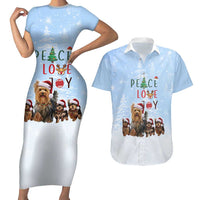 Yorkshire Terrier Dog Christmas Couples Matching Short Sleeve Bodycon Dress and Hawaiian Shirt with Peace Love Joy Quote and Santa Hat Puppies in Snowy Winter Scene - Wonder Print Shop