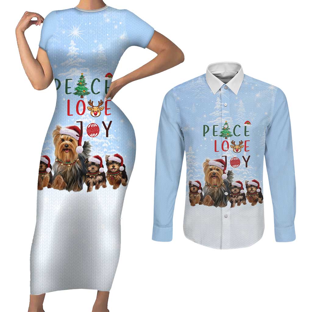 Yorkshire Terrier Dog Christmas Couples Matching Short Sleeve Bodycon Dress and Long Sleeve Button Shirt with Peace Love Joy Quote and Santa Hat Puppies in Snowy Winter Scene - Wonder Print Shop