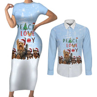 Yorkshire Terrier Dog Christmas Couples Matching Short Sleeve Bodycon Dress and Long Sleeve Button Shirt with Peace Love Joy Quote and Santa Hat Puppies in Snowy Winter Scene - Wonder Print Shop