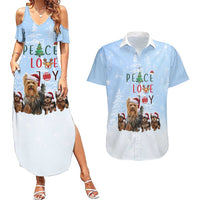 Yorkshire Terrier Dog Christmas Couples Matching Summer Maxi Dress and Hawaiian Shirt with Peace Love Joy Quote and Santa Hat Puppies in Snowy Winter Scene - Wonder Print Shop