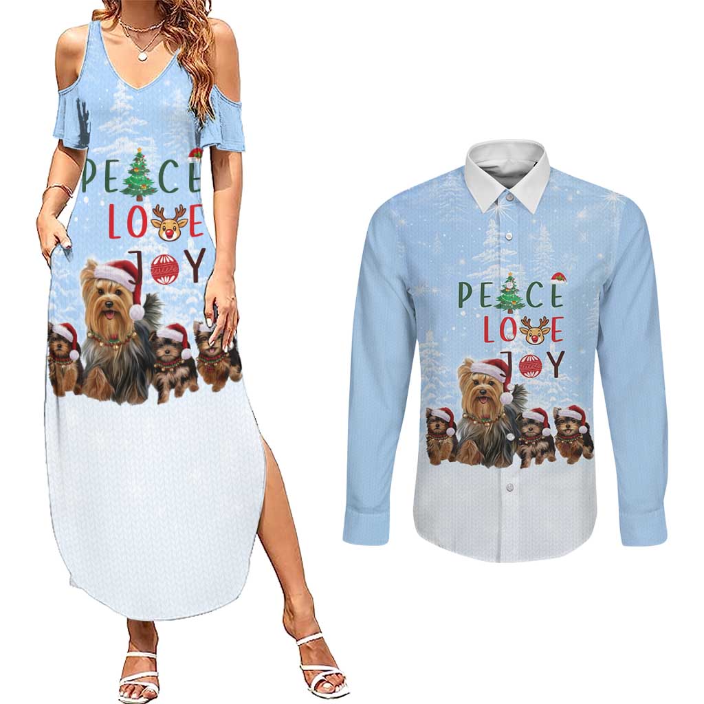 Yorkshire Terrier Dog Christmas Couples Matching Summer Maxi Dress and Long Sleeve Button Shirt with Peace Love Joy Quote and Santa Hat Puppies in Snowy Winter Scene - Wonder Print Shop