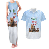Yorkshire Terrier Dog Christmas Couples Matching Tank Maxi Dress and Hawaiian Shirt with Peace Love Joy Quote and Santa Hat Puppies in Snowy Winter Scene - Wonder Print Shop
