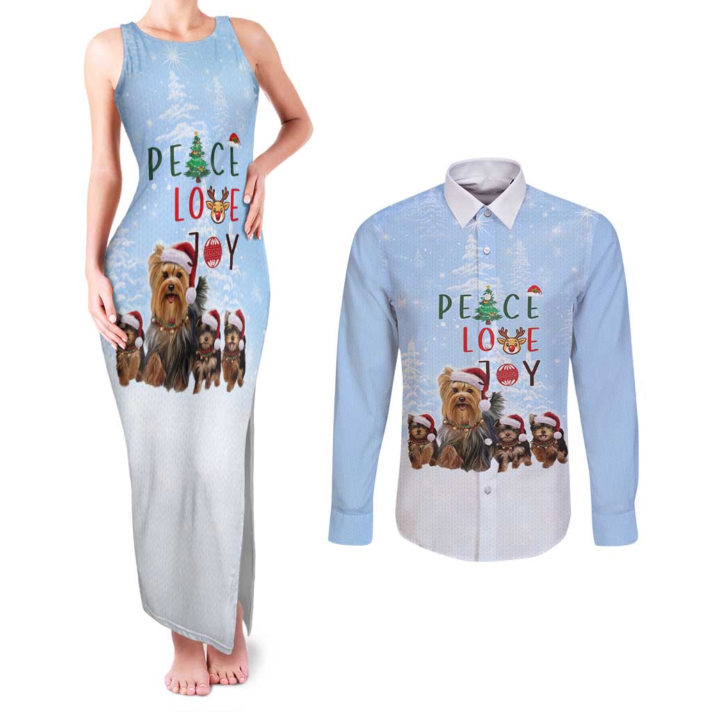 Yorkshire Terrier Dog Christmas Couples Matching Tank Maxi Dress and Long Sleeve Button Shirt with Peace Love Joy Quote and Santa Hat Puppies in Snowy Winter Scene - Wonder Print Shop