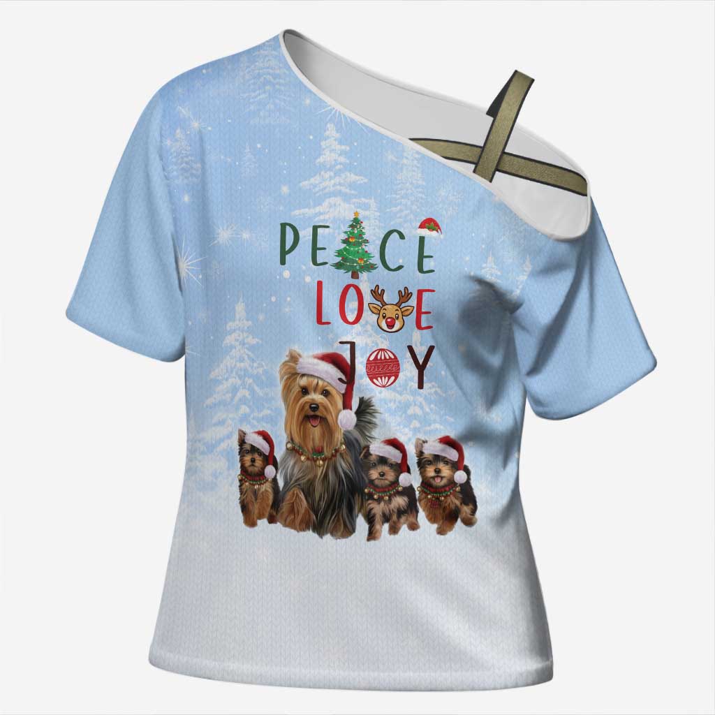 Yorkshire Terrier Dog Christmas Cross Shoulder Shirt with Peace Love Joy Quote and Santa Hat Puppies in Snowy Winter Scene - Wonder Print Shop