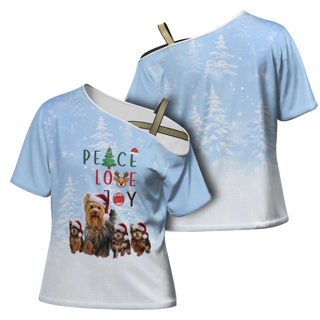 Yorkshire Terrier Dog Christmas Cross Shoulder Shirt with Peace Love Joy Quote and Santa Hat Puppies in Snowy Winter Scene - Wonder Print Shop