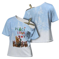 Yorkshire Terrier Dog Christmas Cross Shoulder Shirt with Peace Love Joy Quote and Santa Hat Puppies in Snowy Winter Scene - Wonder Print Shop