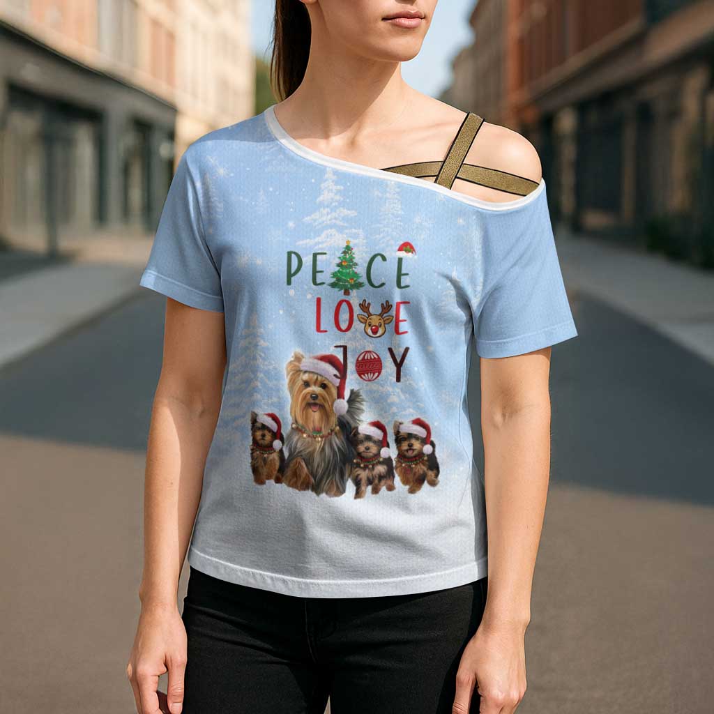 Yorkshire Terrier Dog Christmas Cross Shoulder Shirt with Peace Love Joy Quote and Santa Hat Puppies in Snowy Winter Scene - Wonder Print Shop