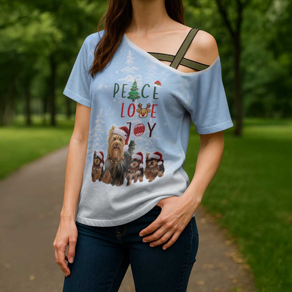 Yorkshire Terrier Dog Christmas Cross Shoulder Shirt with Peace Love Joy Quote and Santa Hat Puppies in Snowy Winter Scene - Wonder Print Shop