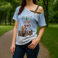 Yorkshire Terrier Dog Christmas Cross Shoulder Shirt with Peace Love Joy Quote and Santa Hat Puppies in Snowy Winter Scene - Wonder Print Shop