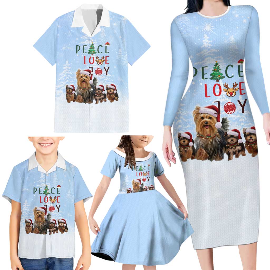 Yorkshire Terrier Dog Christmas Family Matching Long Sleeve Bodycon Dress and Hawaiian Shirt with Peace Love Joy Quote and Santa Hat Puppies in Snowy Winter Scene - Wonder Print Shop