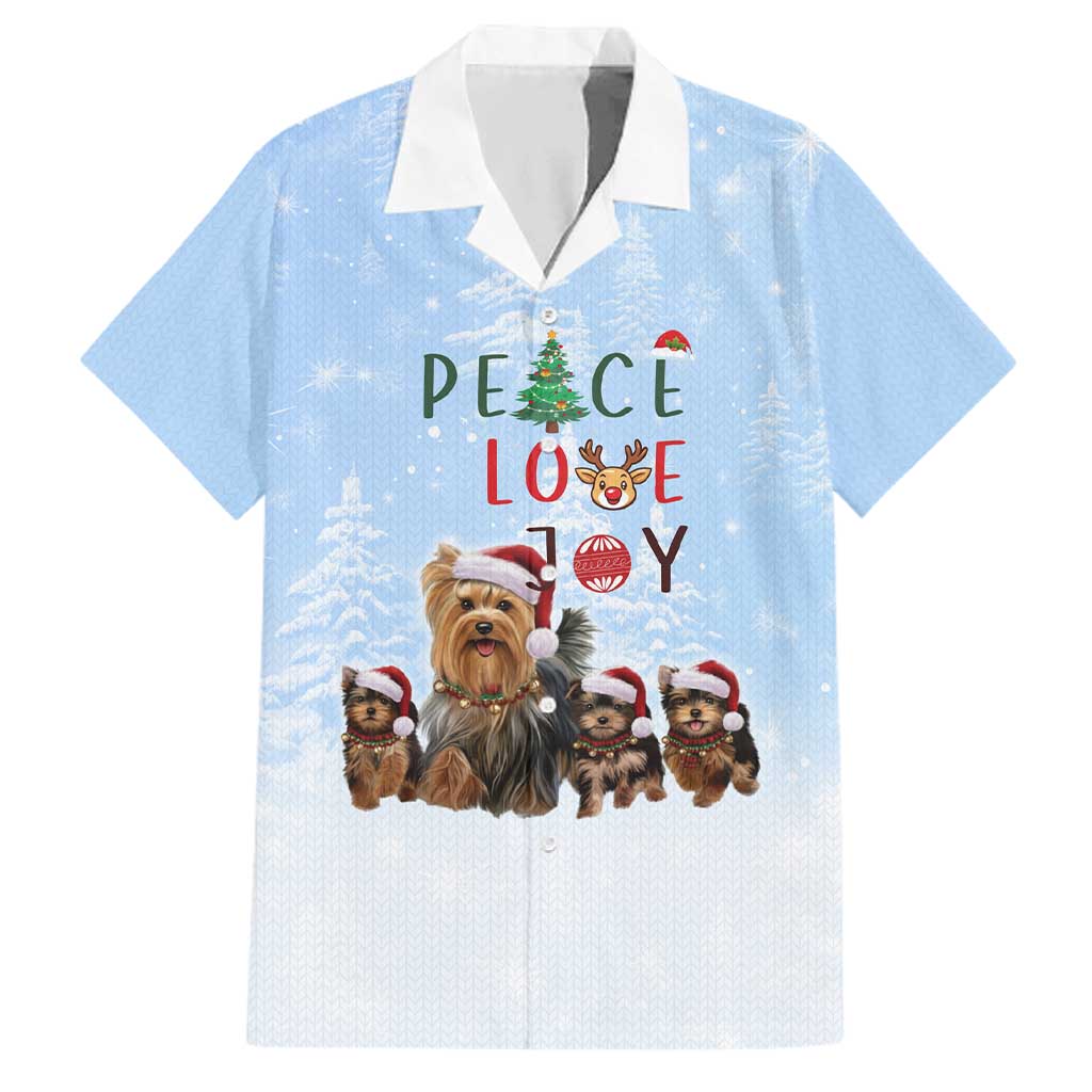 Yorkshire Terrier Dog Christmas Family Matching Long Sleeve Bodycon Dress and Hawaiian Shirt with Peace Love Joy Quote and Santa Hat Puppies in Snowy Winter Scene - Wonder Print Shop