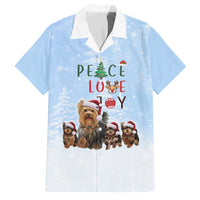 Yorkshire Terrier Dog Christmas Family Matching Long Sleeve Bodycon Dress and Hawaiian Shirt with Peace Love Joy Quote and Santa Hat Puppies in Snowy Winter Scene - Wonder Print Shop