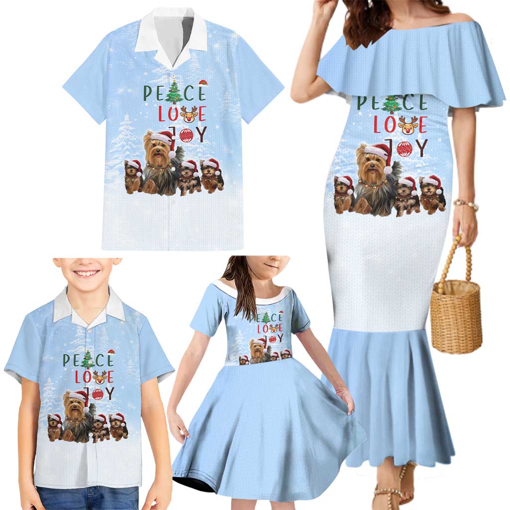 Yorkshire Terrier Dog Christmas Family Matching Mermaid Dress and Hawaiian Shirt with Peace Love Joy Quote and Santa Hat Puppies in Snowy Winter Scene - Wonder Print Shop