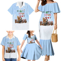 Yorkshire Terrier Dog Christmas Family Matching Mermaid Dress and Hawaiian Shirt with Peace Love Joy Quote and Santa Hat Puppies in Snowy Winter Scene - Wonder Print Shop