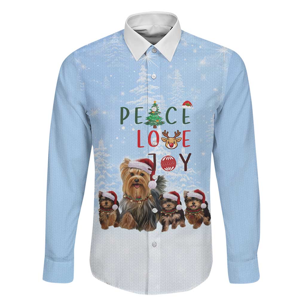 Yorkshire Terrier Dog Christmas Family Matching Mermaid Dress and Hawaiian Shirt with Peace Love Joy Quote and Santa Hat Puppies in Snowy Winter Scene - Wonder Print Shop