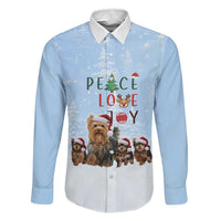 Yorkshire Terrier Dog Christmas Family Matching Mermaid Dress and Hawaiian Shirt with Peace Love Joy Quote and Santa Hat Puppies in Snowy Winter Scene - Wonder Print Shop