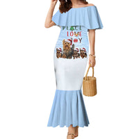 Yorkshire Terrier Dog Christmas Family Matching Mermaid Dress and Hawaiian Shirt with Peace Love Joy Quote and Santa Hat Puppies in Snowy Winter Scene - Wonder Print Shop