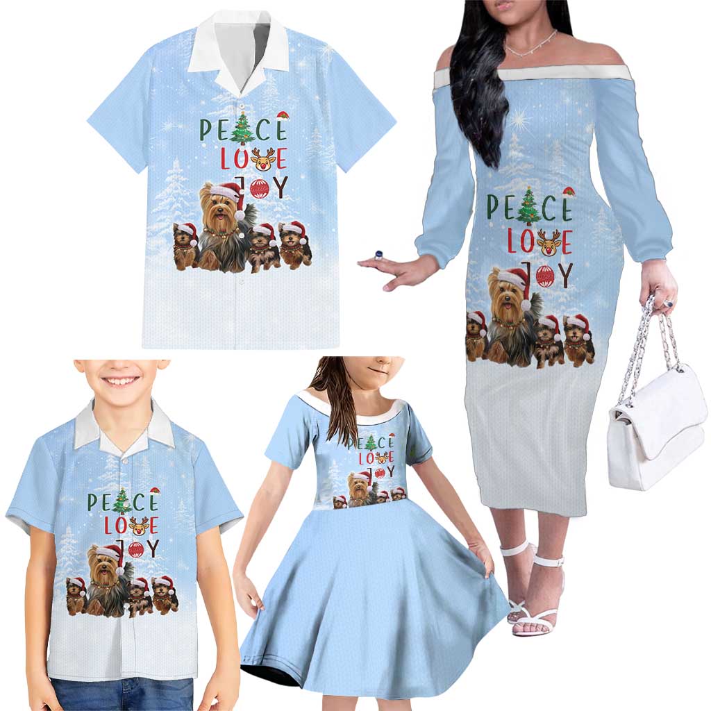 Yorkshire Terrier Dog Christmas Family Matching Off The Shoulder Long Sleeve Dress and Hawaiian Shirt with Peace Love Joy Quote and Santa Hat Puppies in Snowy Winter Scene - Wonder Print Shop