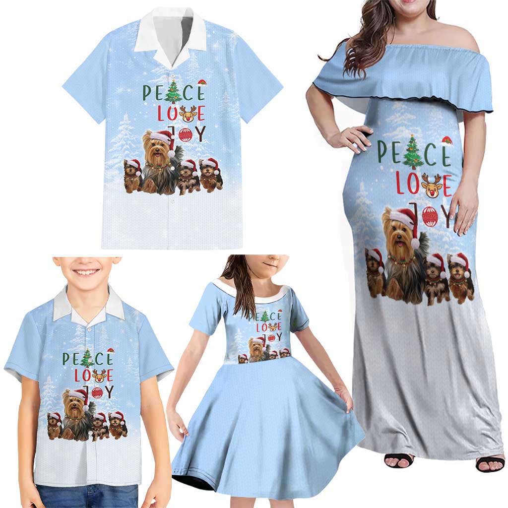 Yorkshire Terrier Dog Christmas Family Matching Off Shoulder Maxi Dress and Hawaiian Shirt with Peace Love Joy Quote and Santa Hat Puppies in Snowy Winter Scene - Wonder Print Shop