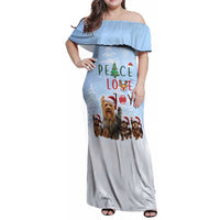 Yorkshire Terrier Dog Christmas Family Matching Off Shoulder Maxi Dress and Hawaiian Shirt with Peace Love Joy Quote and Santa Hat Puppies in Snowy Winter Scene - Wonder Print Shop