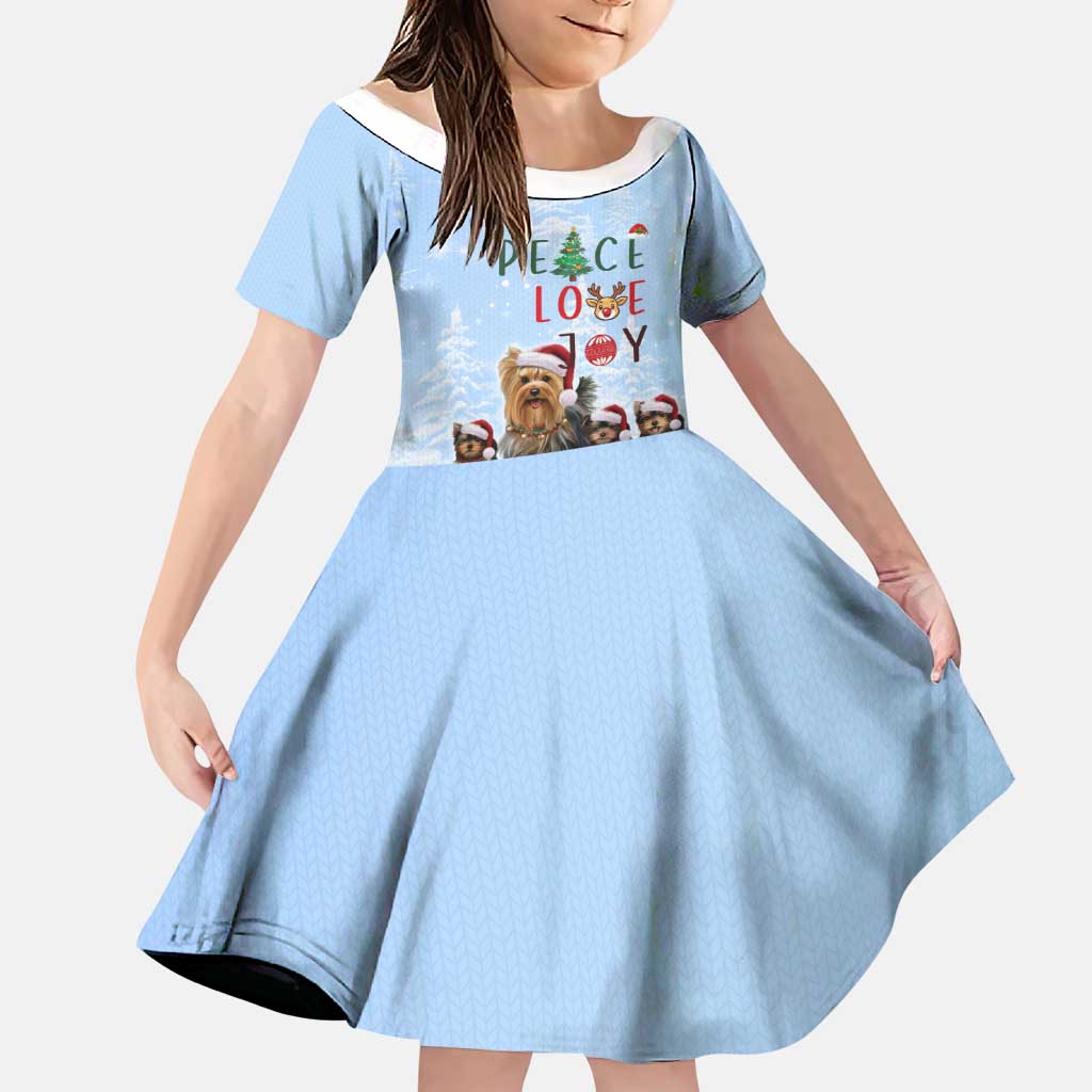 Yorkshire Terrier Dog Christmas Family Matching Off Shoulder Short Dress and Hawaiian Shirt with Peace Love Joy Quote and Santa Hat Puppies in Snowy Winter Scene - Wonder Print Shop