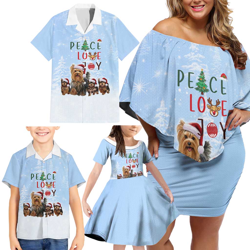 Yorkshire Terrier Dog Christmas Family Matching Off Shoulder Short Dress and Hawaiian Shirt with Peace Love Joy Quote and Santa Hat Puppies in Snowy Winter Scene - Wonder Print Shop