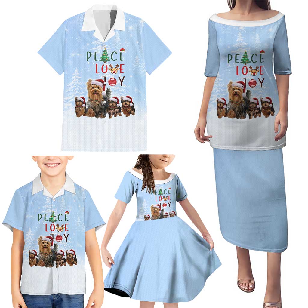 Yorkshire Terrier Dog Christmas Family Matching Puletasi and Hawaiian Shirt with Peace Love Joy Quote and Santa Hat Puppies in Snowy Winter Scene - Wonder Print Shop