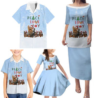 Yorkshire Terrier Dog Christmas Family Matching Puletasi and Hawaiian Shirt with Peace Love Joy Quote and Santa Hat Puppies in Snowy Winter Scene - Wonder Print Shop