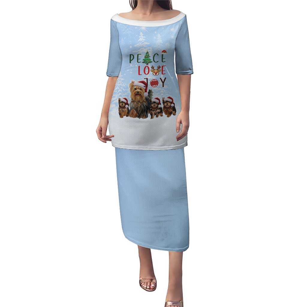 Yorkshire Terrier Dog Christmas Family Matching Puletasi and Hawaiian Shirt with Peace Love Joy Quote and Santa Hat Puppies in Snowy Winter Scene - Wonder Print Shop