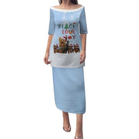 Yorkshire Terrier Dog Christmas Family Matching Puletasi and Hawaiian Shirt with Peace Love Joy Quote and Santa Hat Puppies in Snowy Winter Scene - Wonder Print Shop