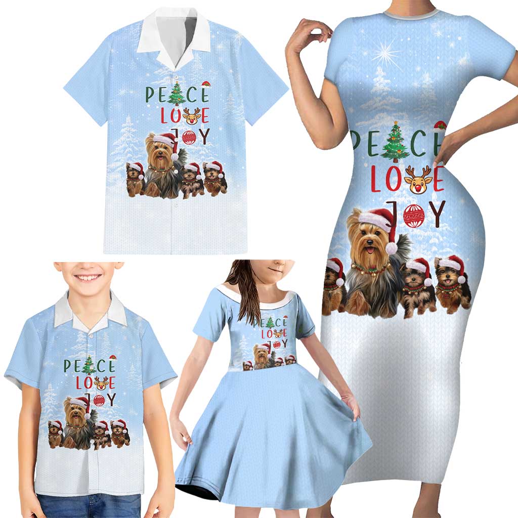 Yorkshire Terrier Dog Christmas Family Matching Short Sleeve Bodycon Dress and Hawaiian Shirt with Peace Love Joy Quote and Santa Hat Puppies in Snowy Winter Scene - Wonder Print Shop