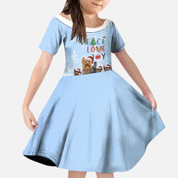 Yorkshire Terrier Dog Christmas Family Matching Summer Maxi Dress and Hawaiian Shirt with Peace Love Joy Quote and Santa Hat Puppies in Snowy Winter Scene - Wonder Print Shop