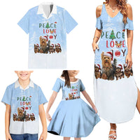 Yorkshire Terrier Dog Christmas Family Matching Summer Maxi Dress and Hawaiian Shirt with Peace Love Joy Quote and Santa Hat Puppies in Snowy Winter Scene - Wonder Print Shop