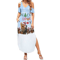 Yorkshire Terrier Dog Christmas Family Matching Summer Maxi Dress and Hawaiian Shirt with Peace Love Joy Quote and Santa Hat Puppies in Snowy Winter Scene - Wonder Print Shop