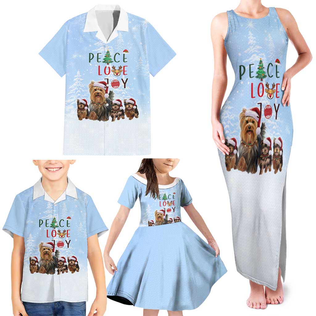Yorkshire Terrier Dog Christmas Family Matching Tank Maxi Dress and Hawaiian Shirt with Peace Love Joy Quote and Santa Hat Puppies in Snowy Winter Scene - Wonder Print Shop