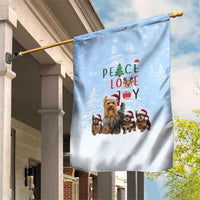 Yorkshire Terrier Dog Christmas Garden Flag with Peace Love Joy Quote and Santa Hat Puppies in Snowy Winter Scene - Wonder Print Shop