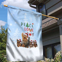 Yorkshire Terrier Dog Christmas Garden Flag with Peace Love Joy Quote and Santa Hat Puppies in Snowy Winter Scene - Wonder Print Shop