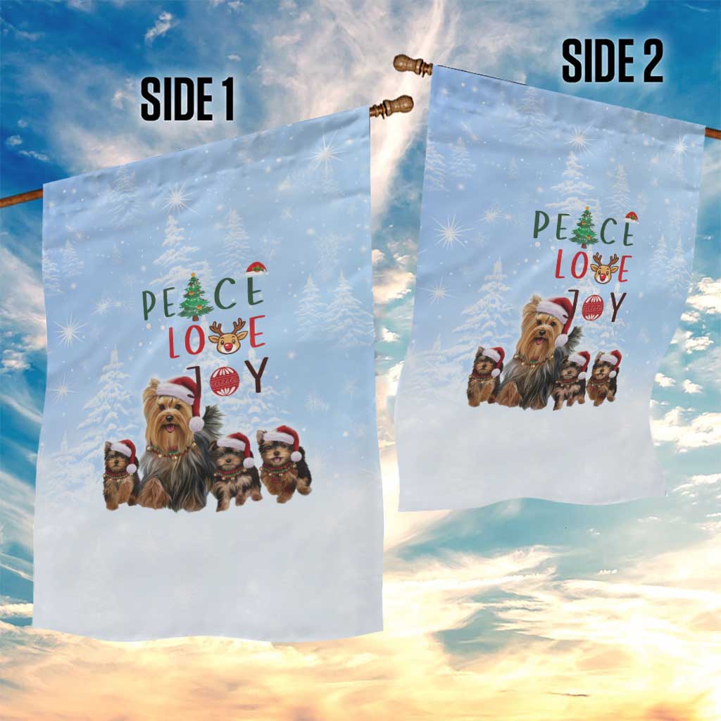 Yorkshire Terrier Dog Christmas Garden Flag with Peace Love Joy Quote and Santa Hat Puppies in Snowy Winter Scene - Wonder Print Shop