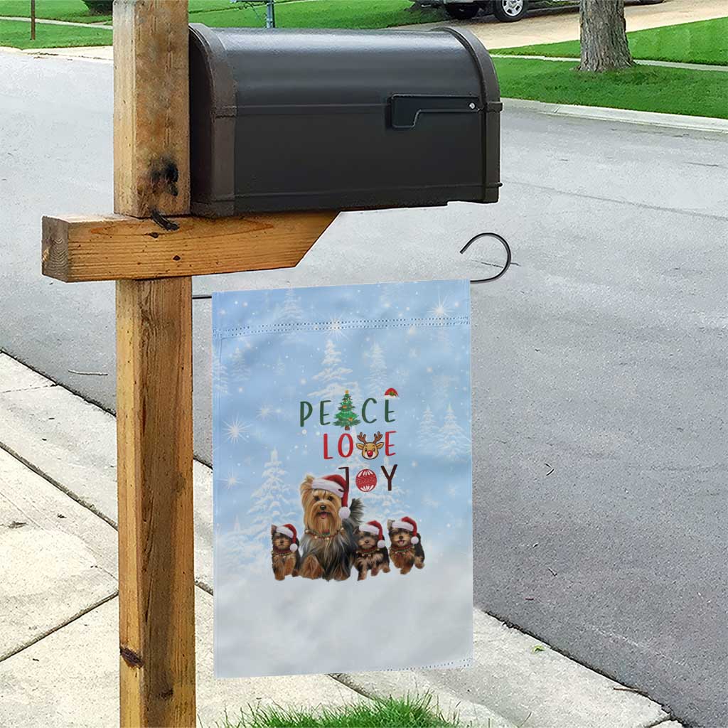 Yorkshire Terrier Dog Christmas Garden Flag with Peace Love Joy Quote and Santa Hat Puppies in Snowy Winter Scene - Wonder Print Shop