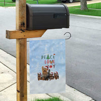 Yorkshire Terrier Dog Christmas Garden Flag with Peace Love Joy Quote and Santa Hat Puppies in Snowy Winter Scene - Wonder Print Shop