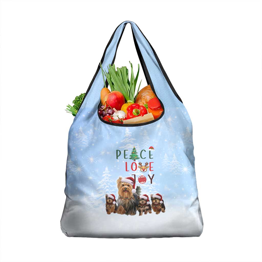 Yorkshire Terrier Dog Christmas Grocery Bag with Peace Love Joy Quote and Santa Hat Puppies in Snowy Winter Scene - Wonder Print Shop