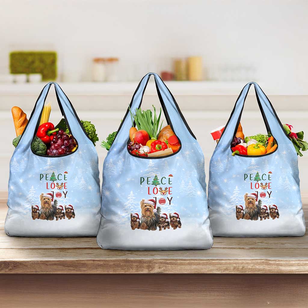 Yorkshire Terrier Dog Christmas Grocery Bag with Peace Love Joy Quote and Santa Hat Puppies in Snowy Winter Scene - Wonder Print Shop